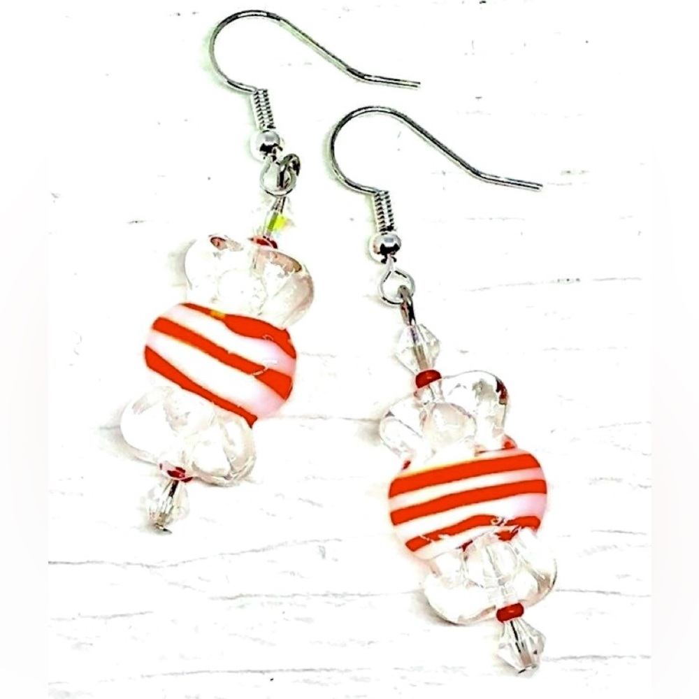 Christmas Red Striped White Clear Lampwork Glass Wrapped Candy Holiday Earrings
